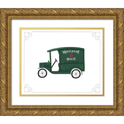 Mistletoe And Holly Vintage Delivery Truck Gold Ornate Wood Framed Art Print with Double Matting by Lady Louise Designs