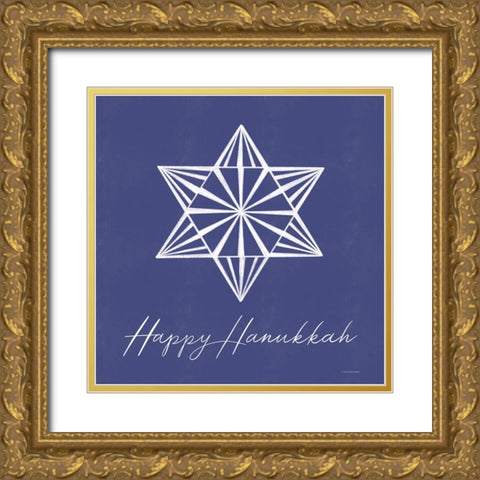 Happy Hanukkah Star Gold Ornate Wood Framed Art Print with Double Matting by Lady Louise Designs