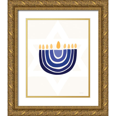 Rainbow Menorah Gold Ornate Wood Framed Art Print with Double Matting by Lady Louise Designs
