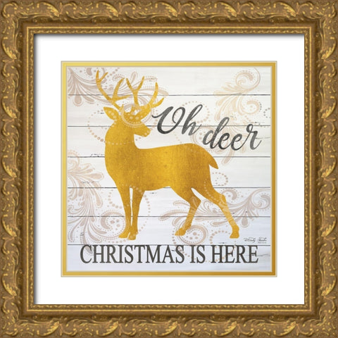 Oh Deer Christmas is Here Gold Ornate Wood Framed Art Print with Double Matting by Jacobs, Cindy