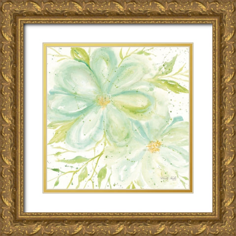 Teal Big Blooms Gold Ornate Wood Framed Art Print with Double Matting by Jacobs, Cindy