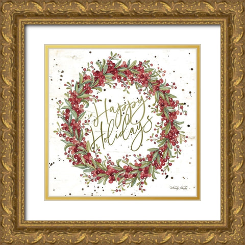 Happy Holidays Berry Wreath Gold Ornate Wood Framed Art Print with Double Matting by Jacobs, Cindy