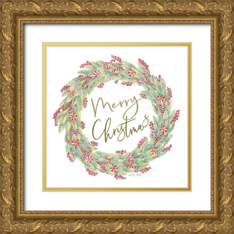 Candy Cane Wreath Gold Ornate Wood Framed Art Print with Double Matting by Jacobs, Cindy