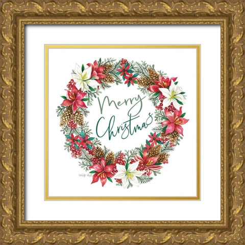 Merry Christmas Wreath Gold Ornate Wood Framed Art Print with Double Matting by Jacobs, Cindy