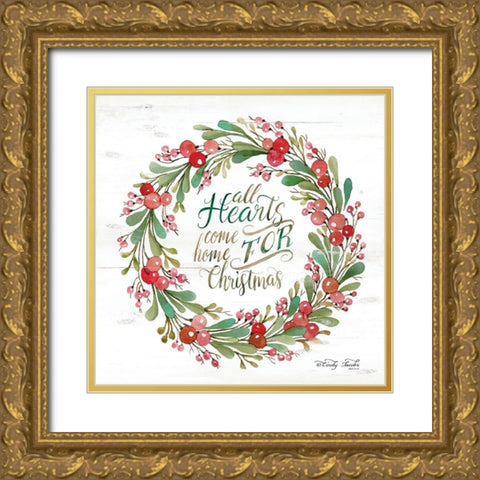 All Hearts Come Home for Christmas Berry Wreath Gold Ornate Wood Framed Art Print with Double Matting by Jacobs, Cindy