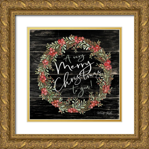 A Very Merry Christmas Wreath Gold Ornate Wood Framed Art Print with Double Matting by Jacobs, Cindy