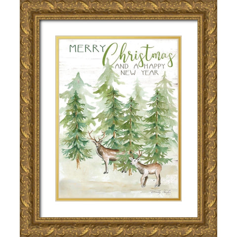 Merry Christmas and Happy New Year Deer Gold Ornate Wood Framed Art Print with Double Matting by Jacobs, Cindy