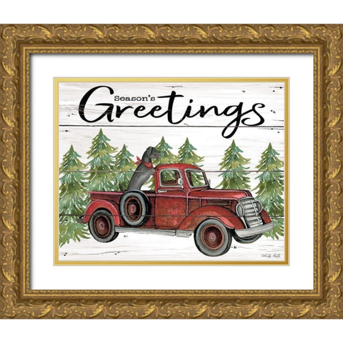 Seasons Greetings Red Truck Gold Ornate Wood Framed Art Print with Double Matting by Jacobs, Cindy
