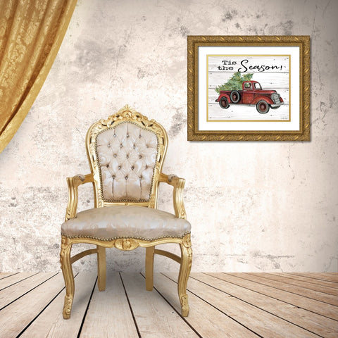 Tis the Season Red Truck Gold Ornate Wood Framed Art Print with Double Matting by Jacobs, Cindy