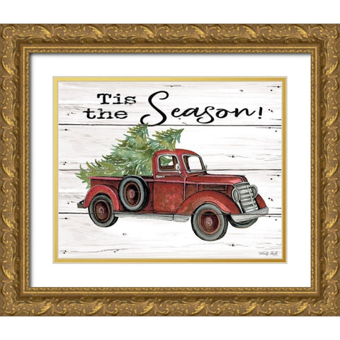 Tis the Season Red Truck Gold Ornate Wood Framed Art Print with Double Matting by Jacobs, Cindy