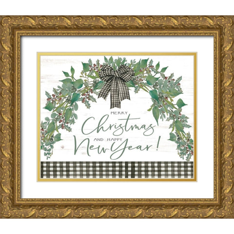 Merry Christmas and Happy New Year Gold Ornate Wood Framed Art Print with Double Matting by Jacobs, Cindy