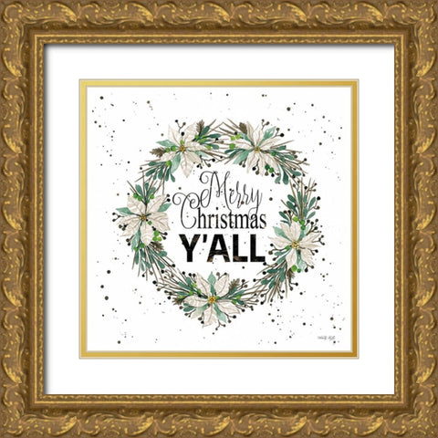 Merry Christmas Yall Wreath  Gold Ornate Wood Framed Art Print with Double Matting by Jacobs, Cindy