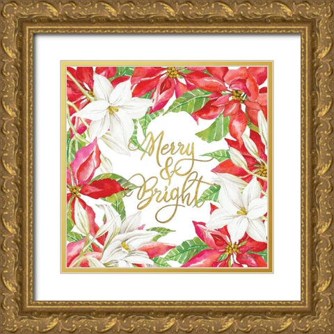 Merry And Bright Poinsettias Gold Ornate Wood Framed Art Print with Double Matting by Jacobs, Cindy