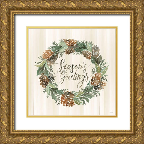 Sage Seasons Greetings Wreath Gold Ornate Wood Framed Art Print with Double Matting by Jacobs, Cindy