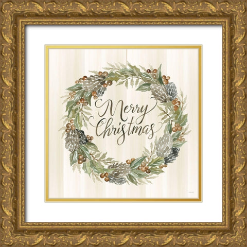 Sage Merry Christmas Wreath Gold Ornate Wood Framed Art Print with Double Matting by Jacobs, Cindy