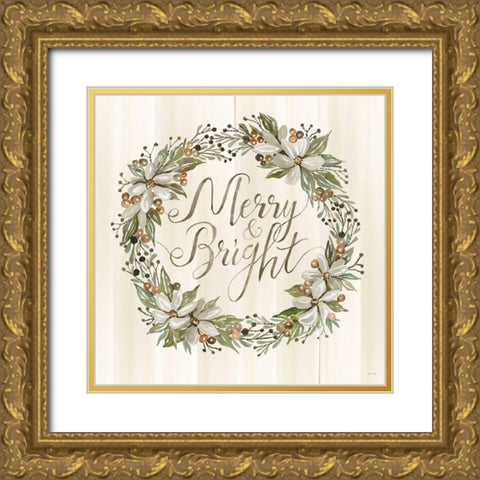 Sage Merry And Bright Wreath Gold Ornate Wood Framed Art Print with Double Matting by Jacobs, Cindy
