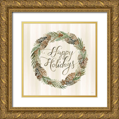 Sage Happy Holidays Wreath Gold Ornate Wood Framed Art Print with Double Matting by Jacobs, Cindy