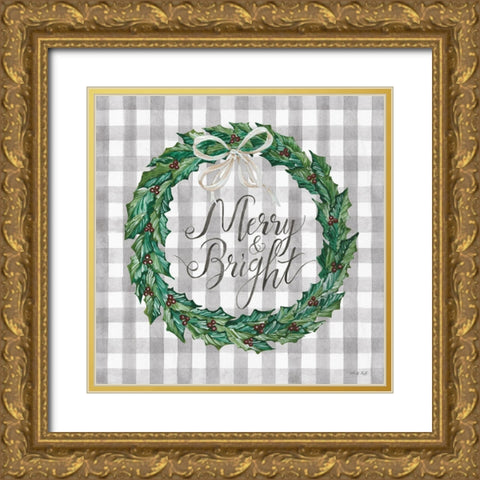 Merry and Bright Wreath Gold Ornate Wood Framed Art Print with Double Matting by Jacobs, Cindy