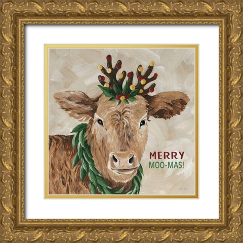 Merry Moo-mas Gold Ornate Wood Framed Art Print with Double Matting by Jacobs, Cindy