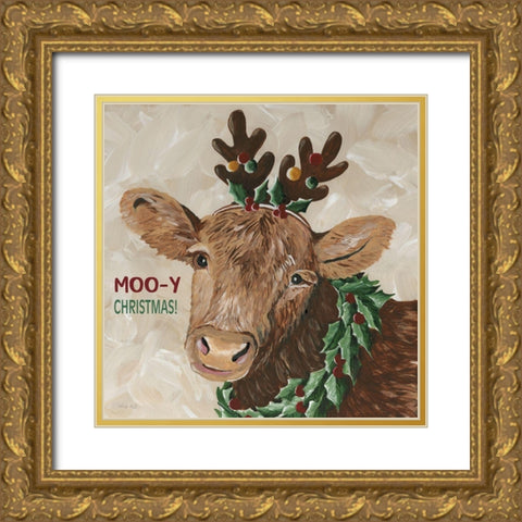 Moo-y Christmas Gold Ornate Wood Framed Art Print with Double Matting by Jacobs, Cindy