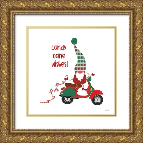 Candy Cane Wishes Gnome Gold Ornate Wood Framed Art Print with Double Matting by Jacobs, Cindy