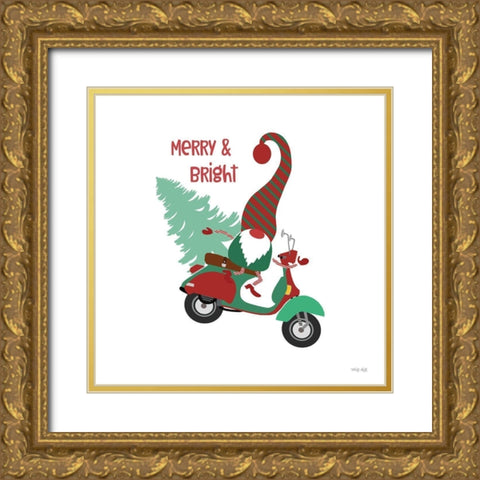 Merry And Bright Gnome Gold Ornate Wood Framed Art Print with Double Matting by Jacobs, Cindy