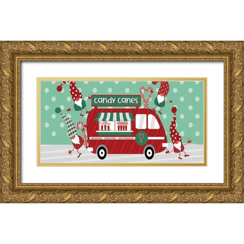 Gnome Candy Cane Truck Gold Ornate Wood Framed Art Print with Double Matting by Jacobs, Cindy