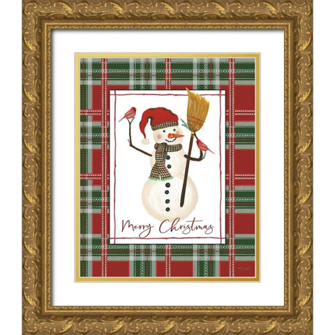 Merry Christmas Snowman Gold Ornate Wood Framed Art Print with Double Matting by Jacobs, Cindy