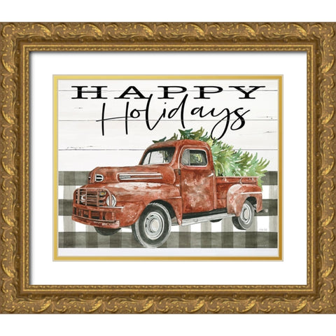 Happy Holidays Truck Gold Ornate Wood Framed Art Print with Double Matting by Jacobs, Cindy