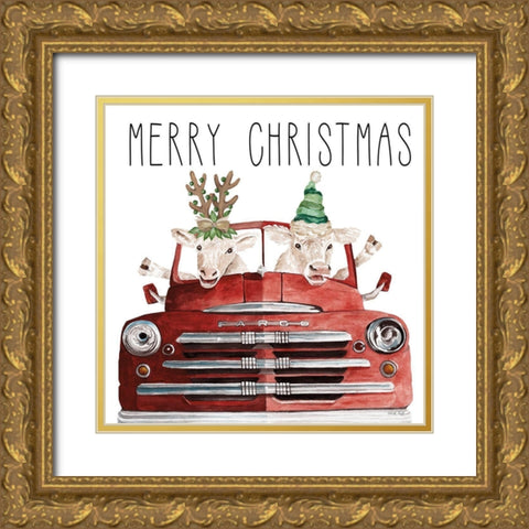 Merry Christmas Cows Gold Ornate Wood Framed Art Print with Double Matting by Jacobs, Cindy
