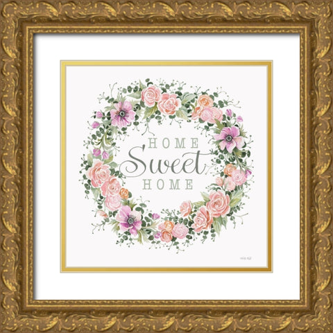 Home Sweet Home Floral Wreath Gold Ornate Wood Framed Art Print with Double Matting by Jacobs, Cindy