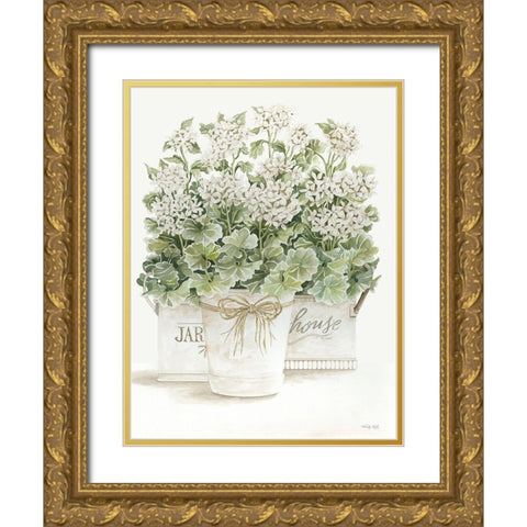 White Geraniums I Gold Ornate Wood Framed Art Print with Double Matting by Jacobs, Cindy