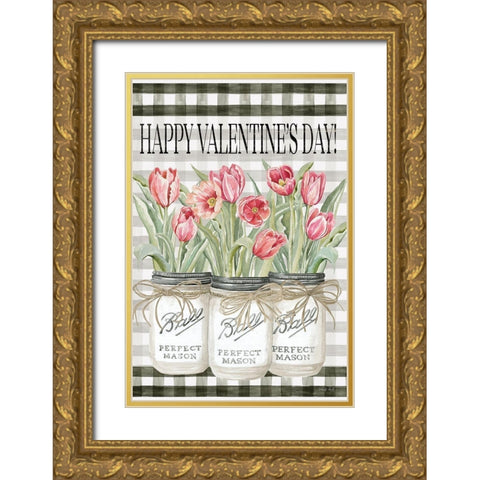 Happy Valentines Day Tulips Gold Ornate Wood Framed Art Print with Double Matting by Jacobs, Cindy