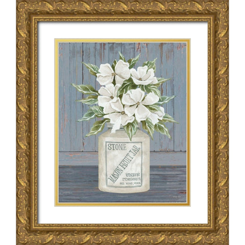 Floral Mason Fruit Jar Gold Ornate Wood Framed Art Print with Double Matting by Jacobs, Cindy