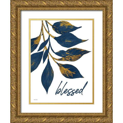 Blessed Navy Gold Leaves Gold Ornate Wood Framed Art Print with Double Matting by Jacobs, Cindy