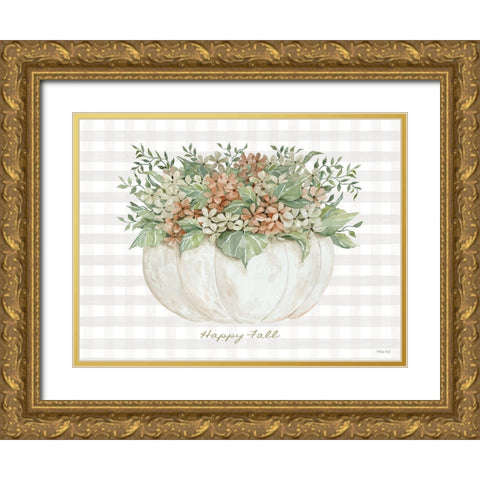 Happy Fall Pumpkin Floral Gold Ornate Wood Framed Art Print with Double Matting by Jacobs, Cindy