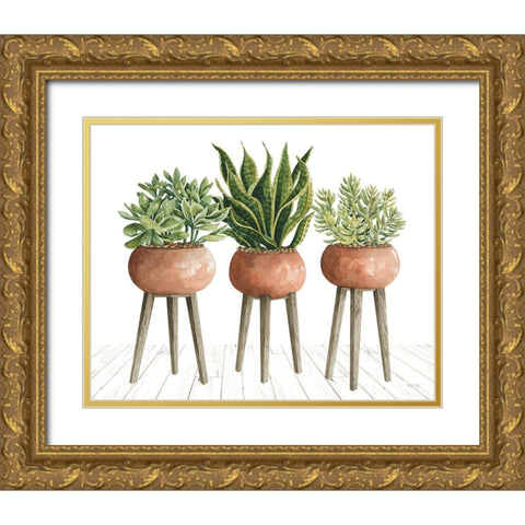 Clay Pot Trio of Plants Gold Ornate Wood Framed Art Print with Double Matting by Jacobs, Cindy