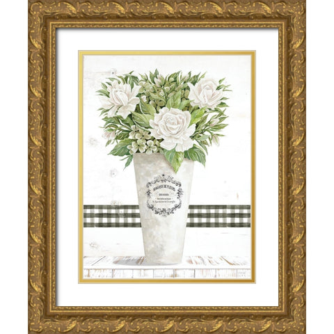 White Roses Gold Ornate Wood Framed Art Print with Double Matting by Jacobs, Cindy
