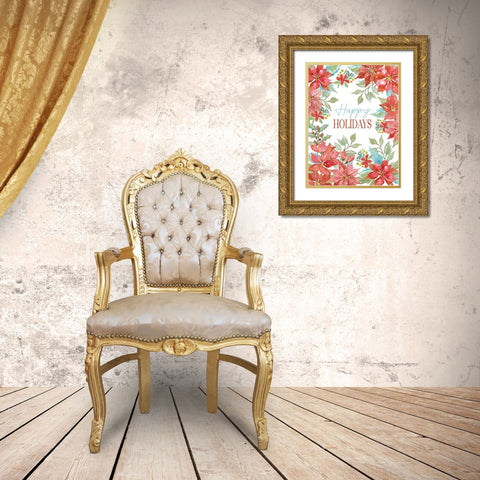 Happy Holidays Poinsettias Gold Ornate Wood Framed Art Print with Double Matting by Jacobs, Cindy