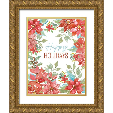 Happy Holidays Poinsettias Gold Ornate Wood Framed Art Print with Double Matting by Jacobs, Cindy