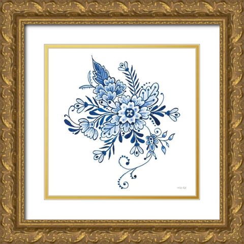 Blue And White Flowers Gold Ornate Wood Framed Art Print with Double Matting by Jacobs, Cindy