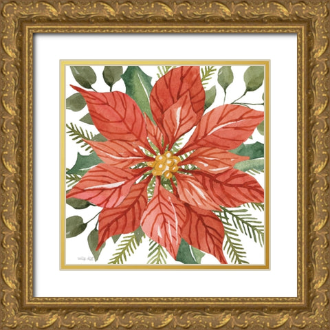 Red Poinsettia Gold Ornate Wood Framed Art Print with Double Matting by Jacobs, Cindy