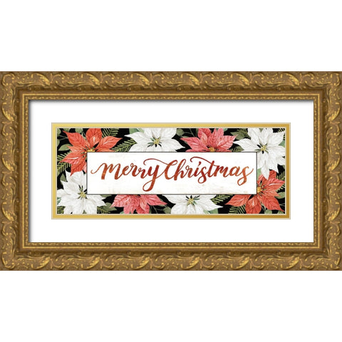 Merry Christmas Poinsettias Gold Ornate Wood Framed Art Print with Double Matting by Jacobs, Cindy