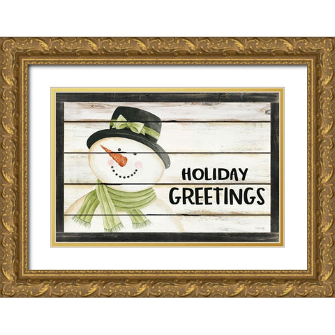 Holiday Greetings Snowman Gold Ornate Wood Framed Art Print with Double Matting by Jacobs, Cindy