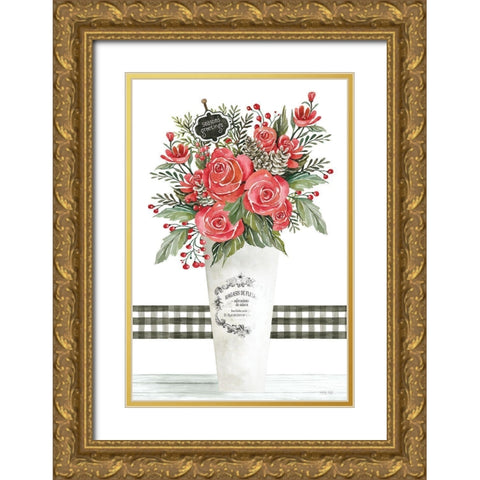 Seasons Greetings Roses Gold Ornate Wood Framed Art Print with Double Matting by Jacobs, Cindy