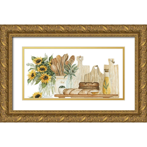 Tuscan Bread Board with Sunflowers Gold Ornate Wood Framed Art Print with Double Matting by Jacobs, Cindy