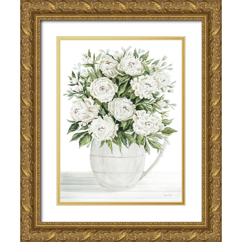 Peonies on White I Gold Ornate Wood Framed Art Print with Double Matting by Jacobs, Cindy