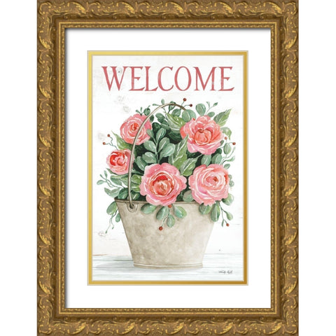 Welcome Roses in Pail Gold Ornate Wood Framed Art Print with Double Matting by Jacobs, Cindy