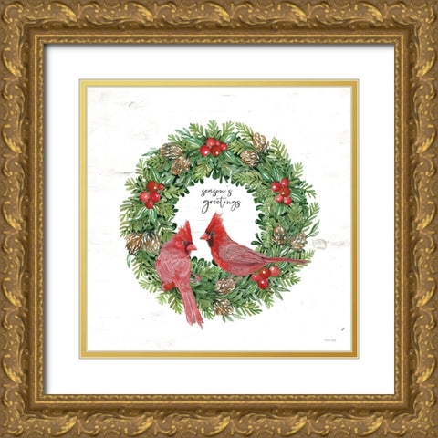 Seasons Greetings Cardinal Wreath Gold Ornate Wood Framed Art Print with Double Matting by Jacobs, Cindy