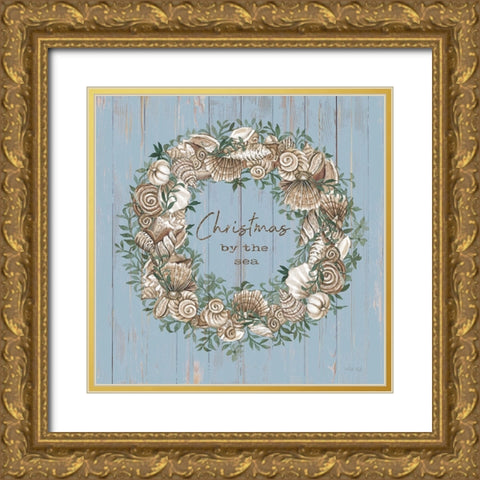 Christmas by the Sea Wreath Gold Ornate Wood Framed Art Print with Double Matting by Jacobs, Cindy